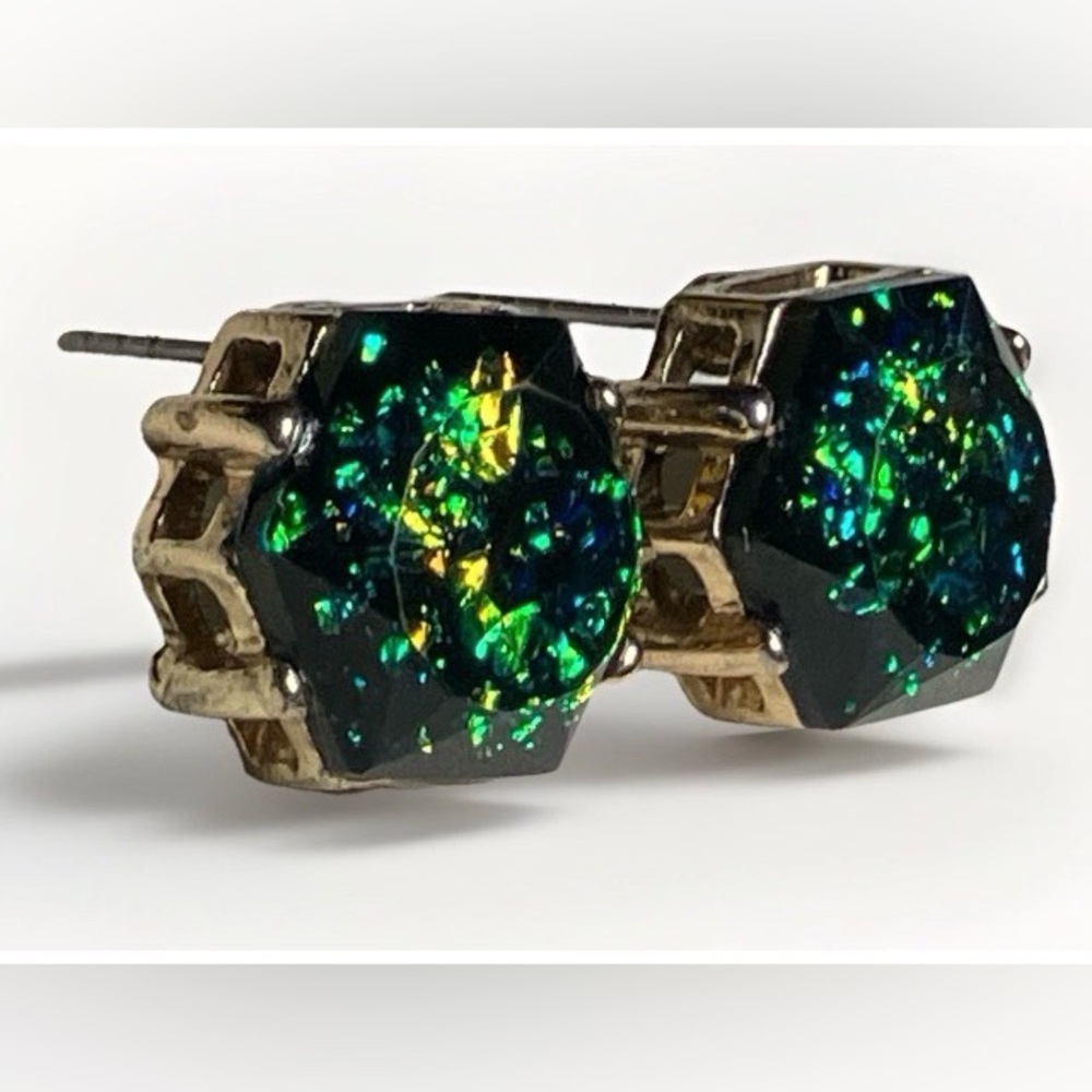 Vintage Stud Earrings Green Hexagonal Dichroic Glass with Gold Tone Metal Posts